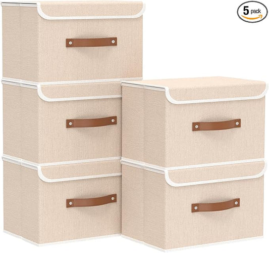 Yawinhe Fabric Storage Boxes with Lids,Beige,15.0x9.8x9.8in,5-Pack | Container with Leather Handle,Washable Storage Basket, Clothes Blanket Bin,Collapsible Closet Organizer for Bedroom