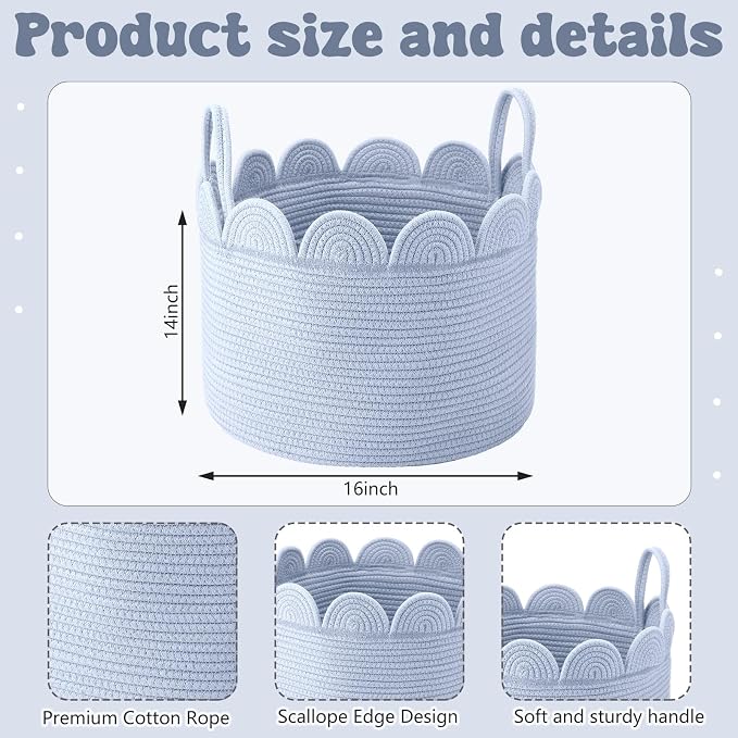 LemonRoad Blue Round Basket Large Blanket Basket 16" x 14" Scalloped Woven Baskets Cotton Storage Baskets for Nursery Classroom Closet Blankets Storage Home Decor
