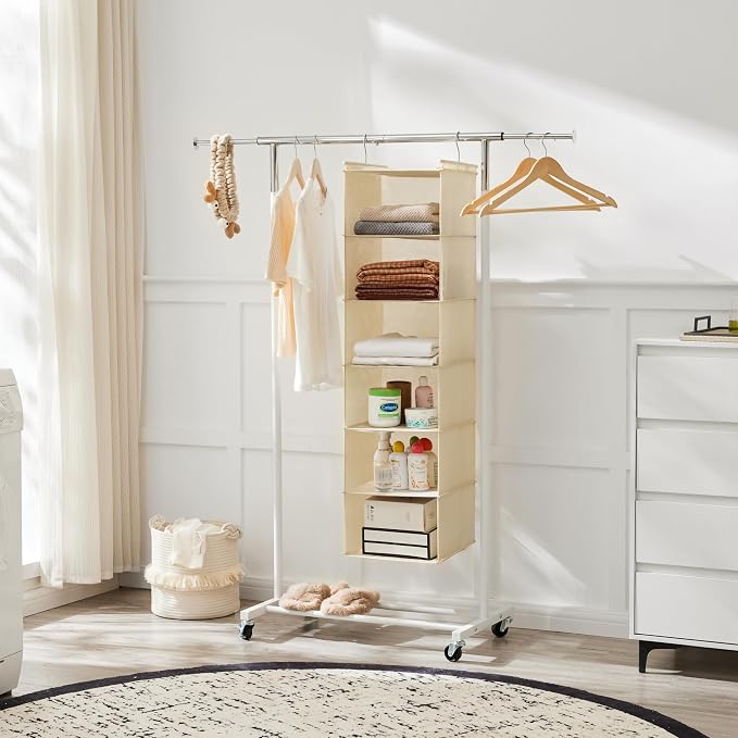 MAX Houser 6 Tier Shelf Hanging Closet Organizer, Closet Hanging Shelf with 2 Sturdy Hooks for Storage,2 Pack, Foldable (Yellow)