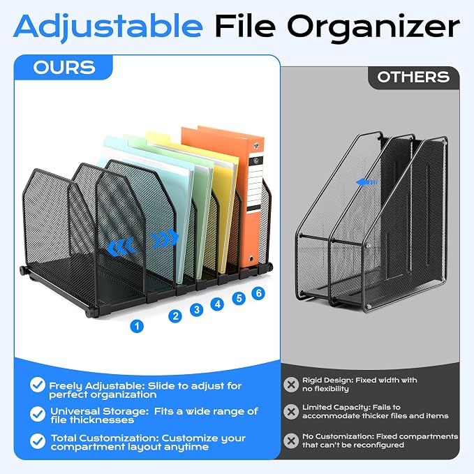 Adjustable File Organizer for Desk, 6 Sections Vertical File Folder Holders | Desktop Binder Organizer, Mesh Desk Organizer Upright File Sorter, Metal File Rack for Home Office Classroom School