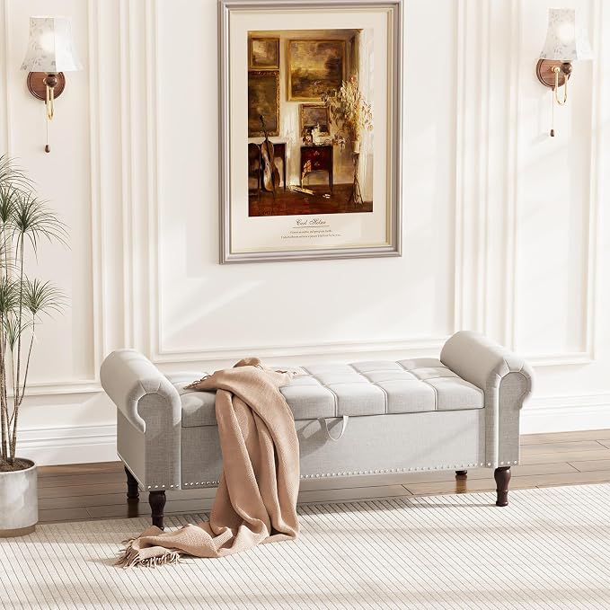 Apicizon 51” Bench with Storage, Upholstered Tufted Button Bedroom Bench with Storage, Linen Ottoman Bench for Bedroom, Living Room, Entryway, Light Gray