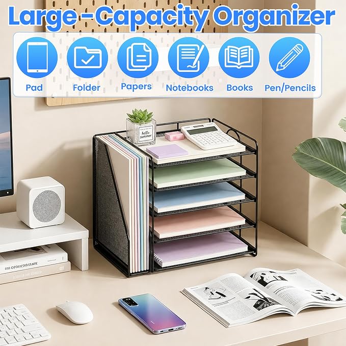 OPNICE Desk Organizers and Accessories, 5-Tier Paper Organizer Letter Tray with Magazine Holder, Office Desk Accessories & Workspace Organizers, Desktop File Organizer for Office Supplies, Black