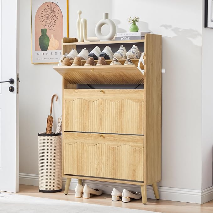 BERRYMERRY 51.2" Tall Shoe Storage Cabinet with 3 Flip Drawers for Entryway | narrow,entryway,adjustable feet,24 pairs shoe,shoe organize,hidden shoe rack,fluted panel,wave pattern,wood,space saving