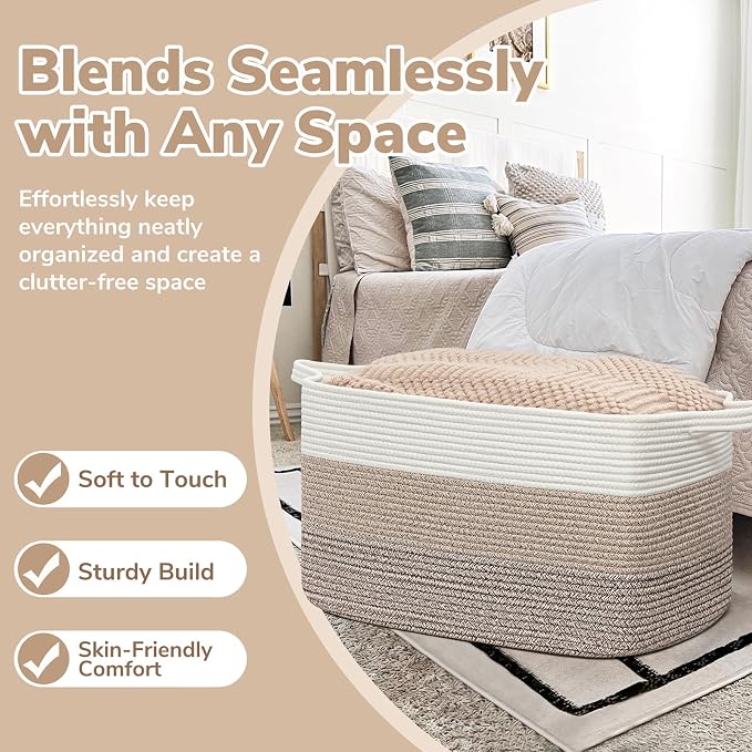 Goodpick Large Woven Storage Basket, Rectangle Storaget, Light Brown | 21.6 x 14.9 x 11.8 in, Cotton Rope, Living Room, Bedroom & Nursery Organization, Toys, Blankets & Clothes Storage
