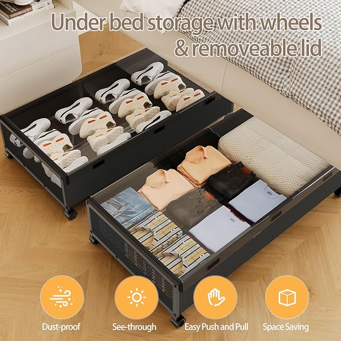KITHELP Under Bed Storage Containers with Wheels, Underbed Shoe Storage Organizer with Removable Lids, Large Rolling Under Bed Storage Dresser Drawers for Clothes Toys Shoes Blankets