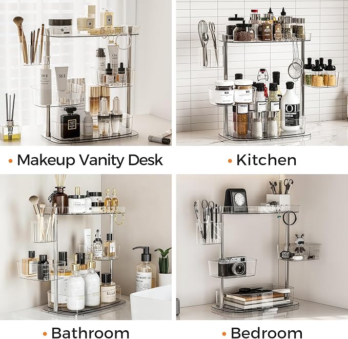 360°Rotating Makeup Organizer,Makeup Organizer Countertop with Brush Holder and Perfume Stand,Bathroom Counter Organizer,Skincare Holder Stand for Vanity,Detachable Hanging Hooks