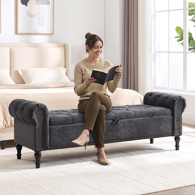 Storage Bed Bench for Bedroom, Chenille 67" End of Bed King Size Benches with Armrest, Tufted Button Upholstered Ottoman Bench for Living Room, Entryway, Dark Grey