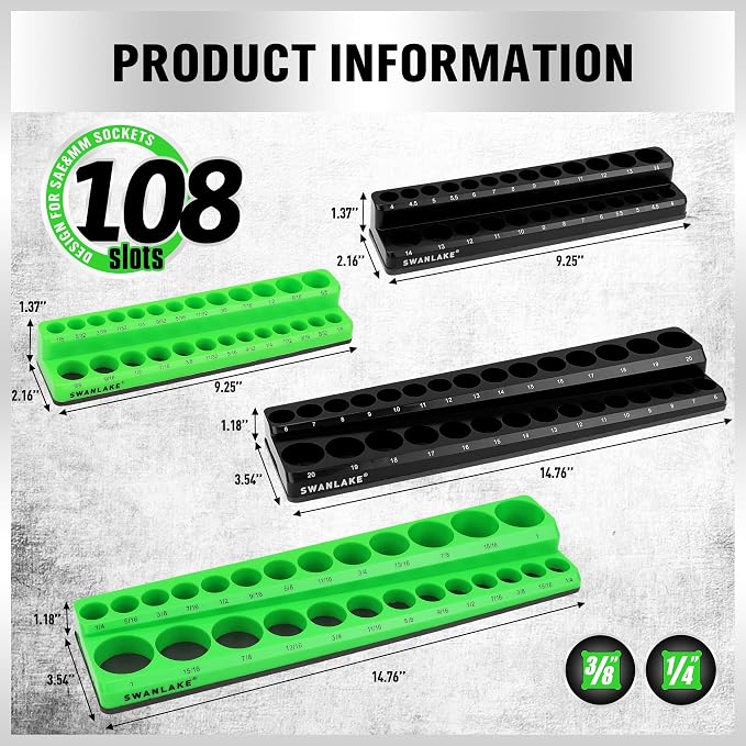 SWANLAKE 4-Piece Magnetic Socket Organizer Set, Metric & SAE Socket Holder Set Includes 1/4", 3/8" Drive Sockets Trays, Magnetic Sockets Organizer for Tool Box Drawer