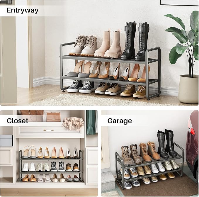 SNTD Shoe Rack - Expandable Shoe Organizer for Closet, Adjustable Metal Shoe Shelf Storage, Stackable Long Shoe Stand Holder for Garage, Entryway, Door Entrance (Grey, 2-Tier)
