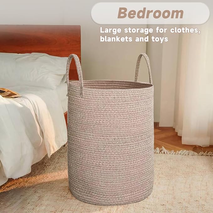 JMvicyroam 60L Cotton Rope Laundry Basket Hamper, Oatmeal | Collapsible laundry basket, reinforced handles, freestanding, machine washable, holds 3-5 thick blankets, clothes or toys