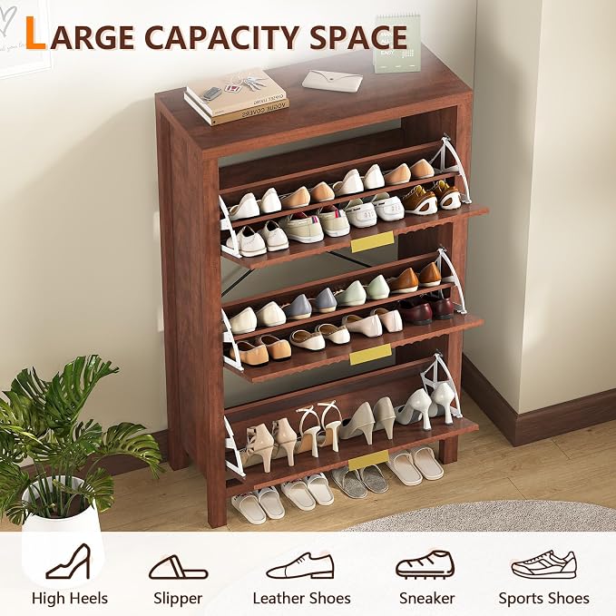 32" Fluted Shoe Cabinet Storage with 3 Flip Drawers for Entryway, Hallway | Hidden Shoe Rack Slim Freestanding Shoe Organizer with Legs for Hallway, Living Room, Red Walnut