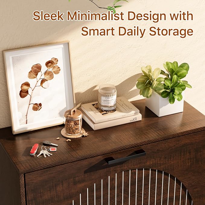 Farmhouse Shoe Cabinet Storage for Entryway, Slim Hidden Shoe Rack Cabinet | 1, 2 Flip Drawers with Dividers 2, Stylish Round Panel 3, Sturdy Metal Leg 4, Anti-Tip Safety Kit 5, Shoe Organizer Cabinet