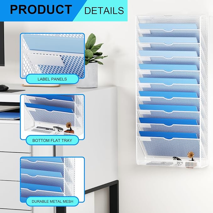 Hanging Wall File Organizer 10 Tier Wall Mounted File Holder Document Wall Organizer Magazine Organization for Office Home, White