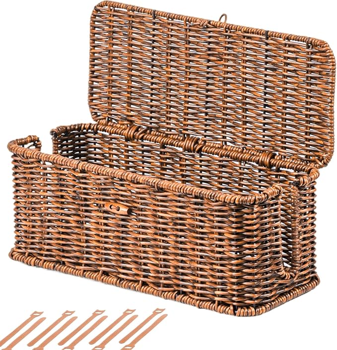 BROWNLILY Cable Management Box, Rattan Style Cord Organizer for Desk Cord Hider Outlet Covers for Power Strip TV PC Router Charger Under Desk Storage with Lockable Lid and Cable Ties