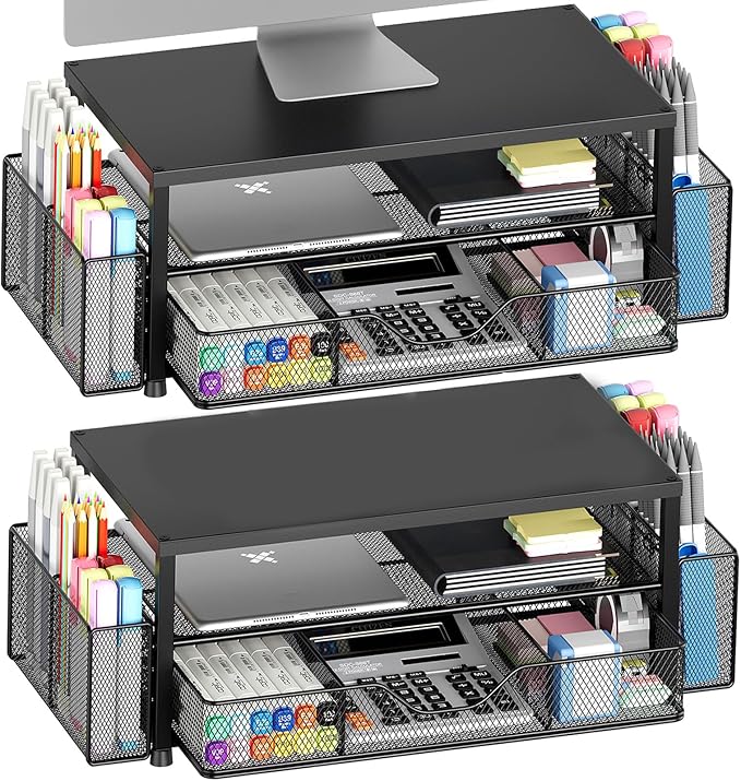 OPNICE Desk Organizer and Accessories, 2-Tier Computer Monitor Stand Riser with Drawer and 2 Pen Holders, Laptop Stand, Office Desk Accessories for Office Supplies, 2 Pack, Black