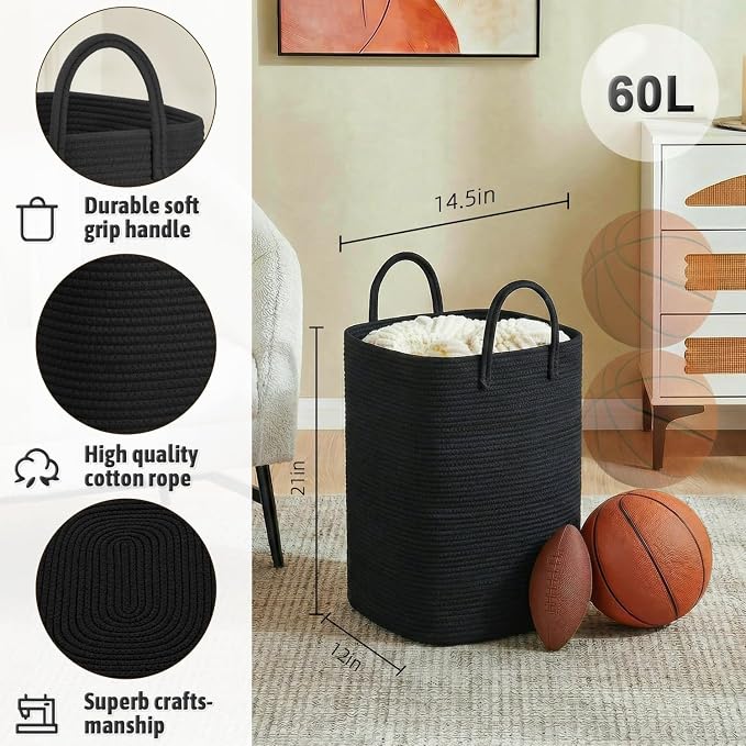 Artfeel Laundry Basket,Woven Cotton Rope Laundry Hamper,60L Versatile Storage for Dirty Clothes,Baby Toys,and Blankets in Bathroom, Nursery,and Living Room