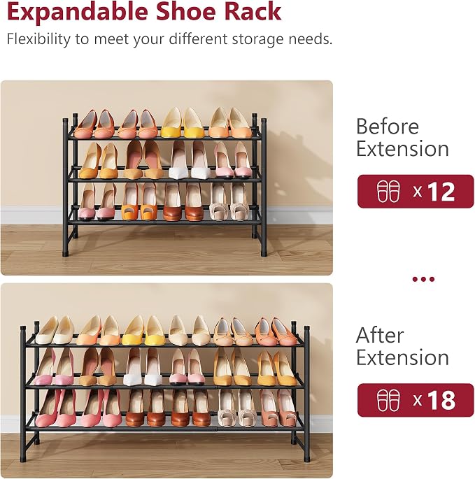 Expandable Shoe Rack for Closet 3 Tier, 28“-41“Stackable, Black | Adjustable Shoe Organizer Closet Shoe Rack Floor, Metal Shoe Shelf Storage for Entryway, Closet, Garage, Front Door Entrance
