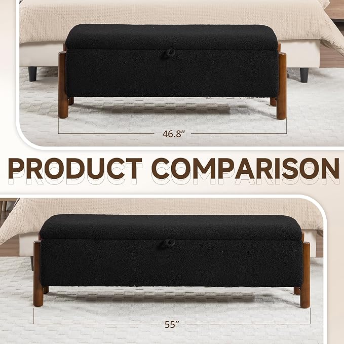 55'' Modern Storage Ottoman Benches | Walnut Wood Legs 26 Gallons Storage Space Fabric Upholstered Seating End of Bed for Bedroom for Livingroom Black