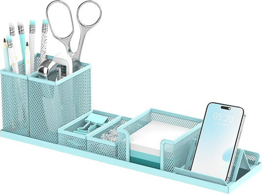 Pen Holder for Desk, 6-Piece Mesh Desk Organizer with Phone Holder, Blue | 6-Piece Black Mesh Desk Set Includes Pen Cups, a Sticky Note Caddy and Phone Holder for Office, School, Home