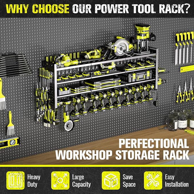 49.8" Power Tool Organizer Wall Mount,Holds 14 Cordless Drills | Large 4-Tier Tool Storage Rack, Heavy Duty 450 lb Load Capacity for Garage Workshop, Black, Gift for Men