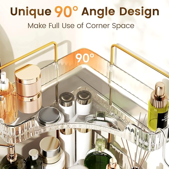 Corner Bathroom Counter Organizer 3-Tier Bathroom Organizer | Storage Countertop with Hooks Perfume Organizers Storage Shelf for Makeup & Skincare Dresser-Clear