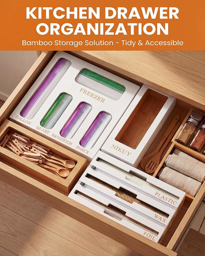 Bamboo Foil and Plastic Wrap Organizer for Kitchen Drawer, 9 in 1 Plastic Bag Organizer Organization and Storage, Food Storage Bag Organizer with Labels for Quart Gallon Snack (White)