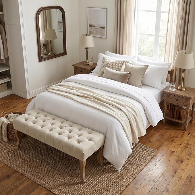 40" Accent Bench, Upholstered Tufted Ottoman Bench French Vintage Entryway Bench Linen Fabric Padded Bench with Distressed Wood Legs for Dining Room, Foyer, Living Room, Bedroom, Beige
