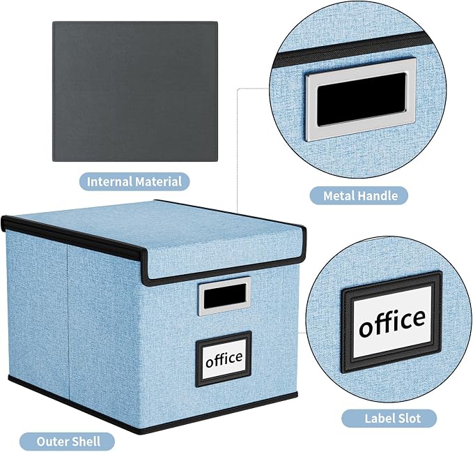 File Organizer Box with Lids, Collapsible File Folder Organizer | File Box with Plastic Slides for Document, Filing Bin for Letter Size Hanging File Folders (1 Pack, Powderblue)