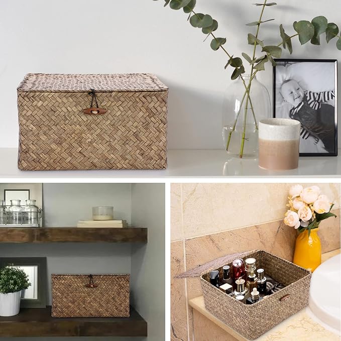 Hipiwe Wicker Shelf Baskets Bin with Lid Handwoven Seagrass Storage Basket Container Square Multipurpose Household Basket Boxes for Shelves and Home Organizer, Coffee Large
