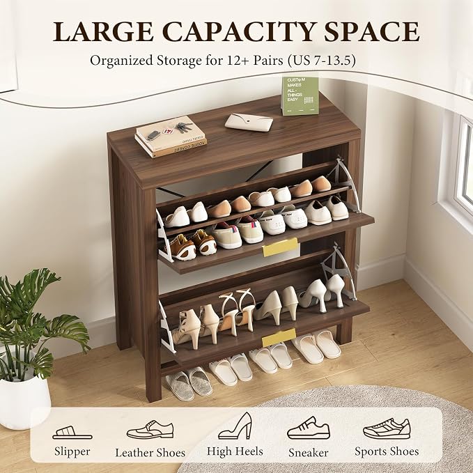 Fluted Shoe Cabinet Storage with 2 Flip Drawers for Entryway, Hallway | Hidden Shoe Rack Slim Freestanding Hidden Shoe Organizer for Foyer, Hallway, Living Room, Walnut
