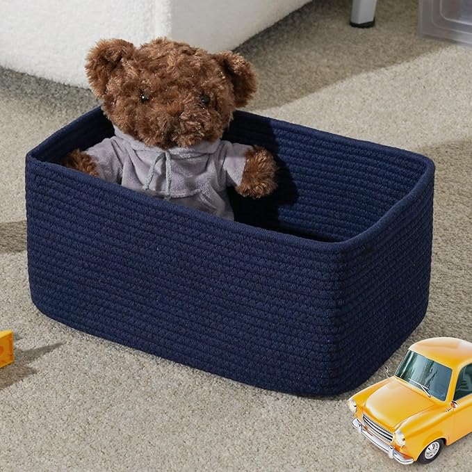 3-Pack Storage Baskets for Organizing | Woven Shelf Toy Basket | Rope Baskets for Gifts Empty | Closet Organizer Bins with Handles | Cube Decorative Box | 13.7×7.1×6.7” | Navy Blue