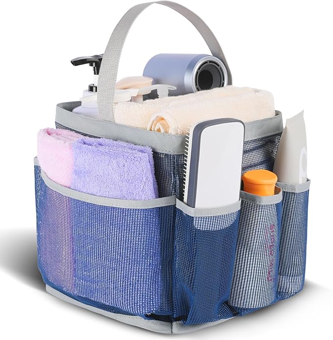 EUDELE Mesh Shower Caddy Portable for College Dorm Room Essentials,Portable Shower Caddy Dorm with 9-Pocket Large Capacity, Shower Bag for Beach, Swimming, Gym, Travel essentials, Navy Blue-Grey