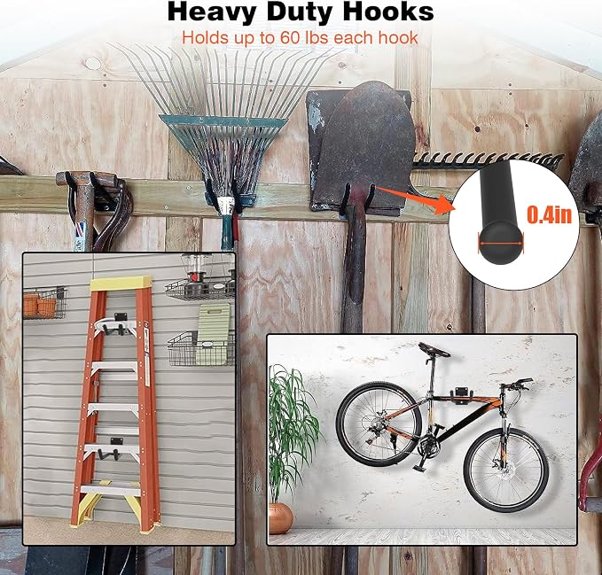 6 Pack 7.8 Inch Heavy Duty Garage Hooks, Ladders Storage Wall Mount Hanger | Non Slip & Anti-Rust Coated Steel Utility Hooks | Tool Organizer for Tires Bikes Shed Chair Ladder Ski and Power Tools
