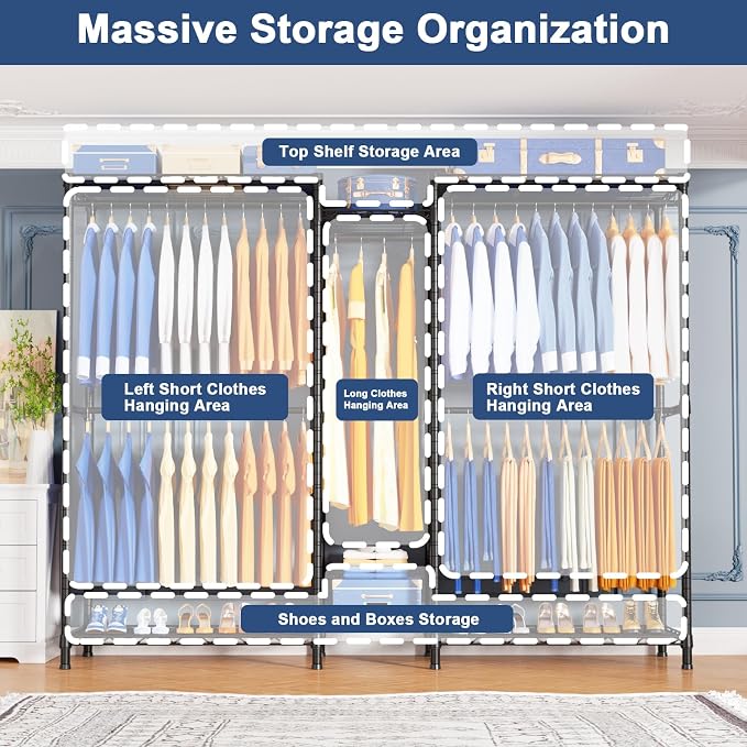 E12 Pro Clothes Rack，Heavy Duty Freestanding Garment Rack with Shelves，Metal Clothing Closet Storage System for Hanging Clothes，71" W x 16" D x 76.5" H, Hold 960 lbs，Black