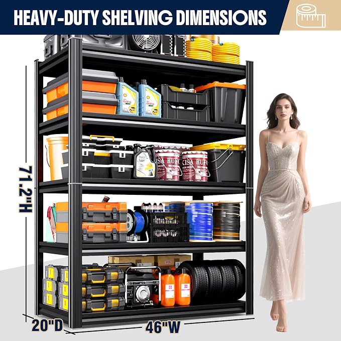 Set of 4 Heavy Duty Garage Shelving, 71.2" Hx46 Wx20 D, Adjustable Storage Shelves Unit for Garage Storage, Metal Shelving & Shelves Organizer for Home, Warehouse, Workshop & Commercial Use