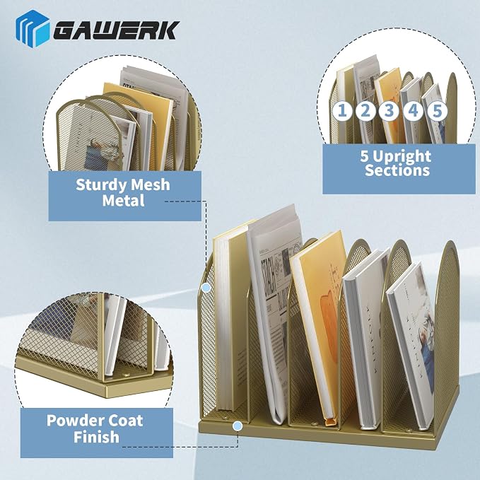 Gawerk 5-Section Vertical Desktop Organizer, 5-Section Mesh File Folder Stand Sorter for Office Home Classroom Organization