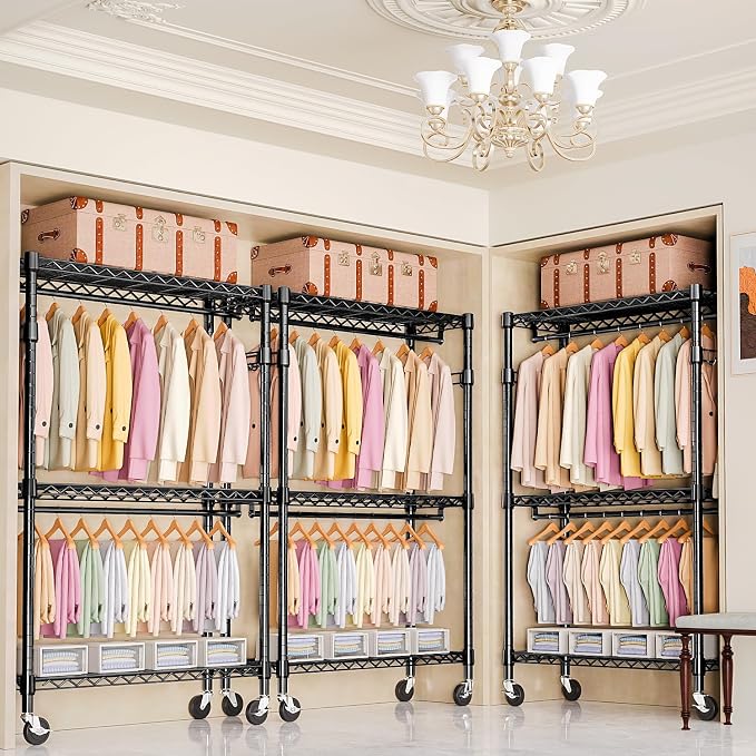 M MZG Heavy Duty Rolling Garment Rack 3 Tiers Adjustable Wire Shelving Clothes Rack with 2 Rods and Side Hooks, Storage Closet Clothing Rack with Wheels Black 17.7" D x 47.2" W x 83.6" H