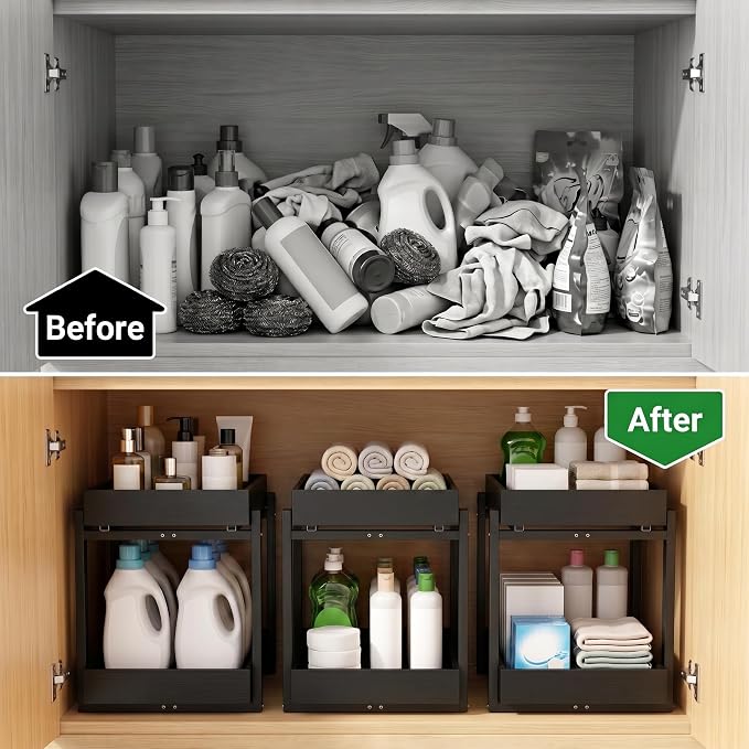 MHXW SXPN Bamboo Under Sink Organizer, 2 Pack Pull Out Cabinet Organizer | 2 Tier Vertical Smooth Slide Out Undersink Storage Shelf | Multi-Purpose Organizer Shelves for Kitchen Bathroom Medicine