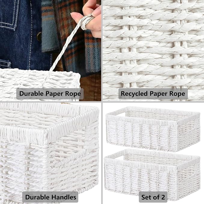 Wicker Storage Basket, Set of 2 Hand-Woven Paper Rope Wicker Baskets for Organizing Decor Storage Bins for Counter Shelves Pantry Basket Small Toilet Paper Basket for Toilet Tank Top, White