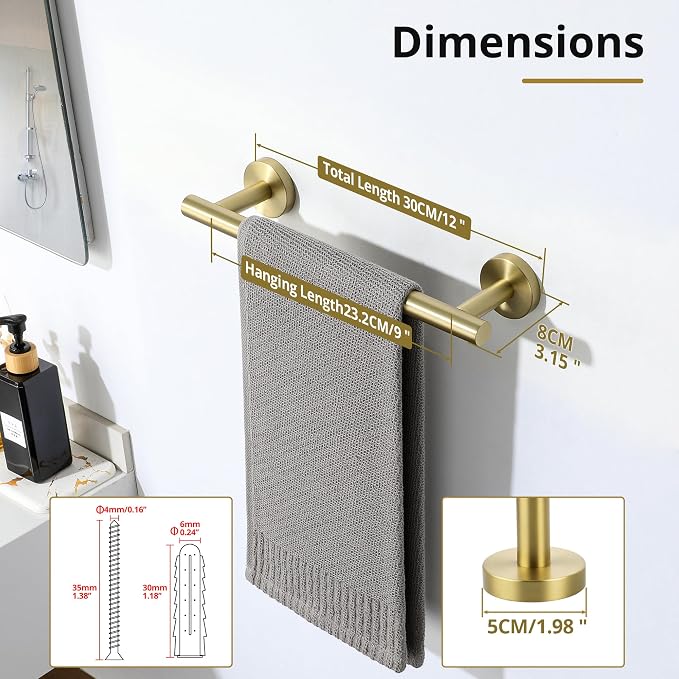 Sayayo Brushed Gold Hand Towel Holder for Bathroom, 12 Inch Towel Bar Towel Rack for Kitchen, Towel Ring Towel Rod Wall Mount SUS304 Stainless Steel (Hanging Length 9-Inch)