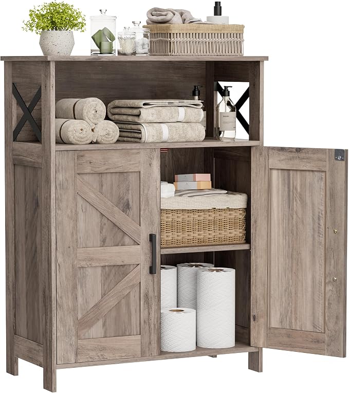 Homhedy Farmhouse Bathroom Storage Cabinet with Doors, Small Floor Cabinet | Toilet Paper Cabinet with Adjustable Shelf, Freestanding Storage Cabinet for Kitchen/Laundry/Living Room, 24"W, Greige