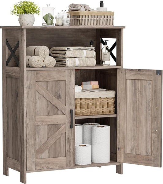 Homhedy Farmhouse Bathroom Storage Cabinet with Doors, Small Floor Cabinet | Toilet Paper Cabinet with Adjustable Shelf, Freestanding Storage Cabinet for Kitchen/Laundry/Living Room, 24"W, Greige