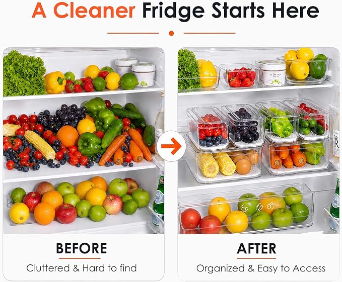 SMRCAD 6 Pack Clear Fridge Organizer Bins with Drain Trays - Stackable | BPA-Free PET, 6 Pack: 6 lidded Bins (Not drawer), Helps Keep Produce Fresh, 14L Capacity, Hand Wash Only