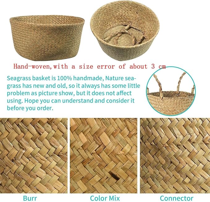 Seagrass Belly Basket, Set of 2 Woven Plant Pot Holder Handmade Home Decor for Storage Plants Picnic Grocery Large(12.6 x 11.02 inch)