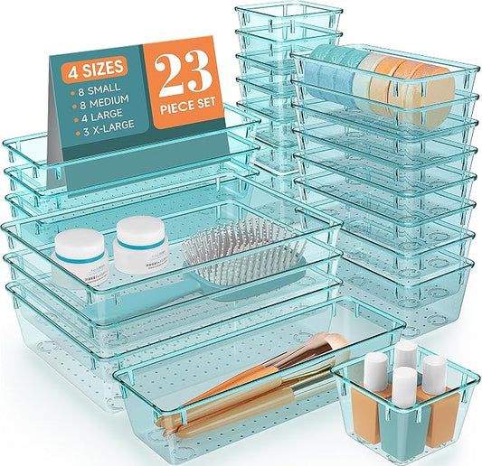 StorMiracle 28 PCS Clear Plastic Drawer Organizers Set, 4 Size Desk Drawer Organizer Trays for Makeup, Jewelry, Kitchen Utensils, Gadgets and Office Accessories, Sea Blue