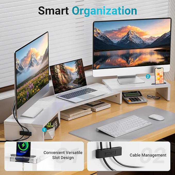 BONTEC Triple Monitor Stand Riser with Smartphone Holder, White | Adjustable Length & Swivel Angle, Ergonomic Wooden Desktop Organizer for PC Monitor, Laptop, Printer, Large Storage, 53.3 in