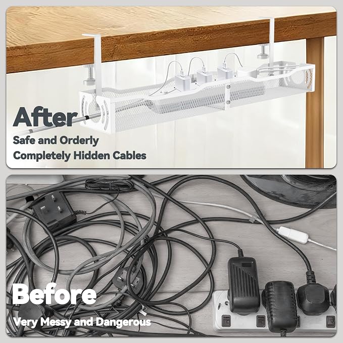 Cable Management, 25.3'' Under Desk Cable Management Tray No Drill | Metal Cable Organizer with Clamp for Wire Management, Cord Organizer for Home Office, Desk Accessories Organizer, White