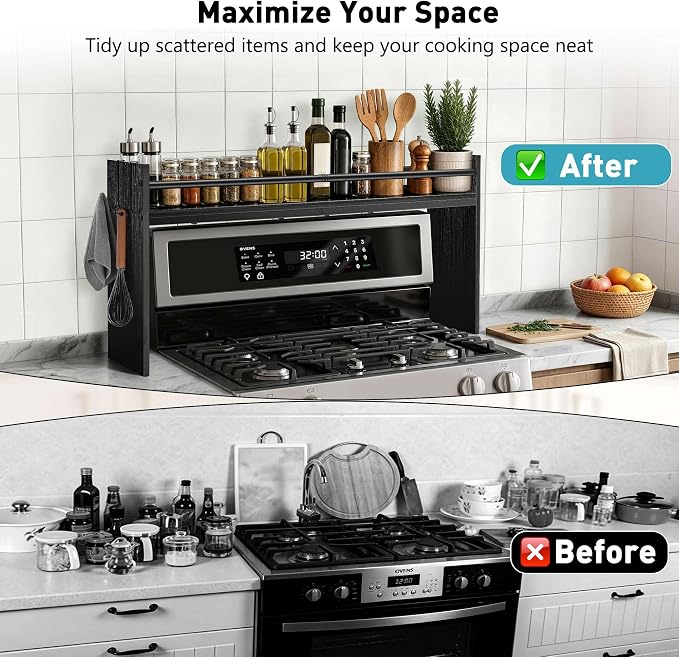 Spice Rack Shelf for Kitchen Stove, Over The Stove Shelf with 4 Hooks, Premium Wood & Metal Commbined Spice Rack Organizer Extra Storage Countertop (Black)