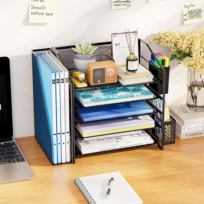 Simple Trending 5-Tier Desk File Organizer, Paper Organizer, Black | Adjustable Letter Trays, Pen Holder & File Shelf, Durable Steel Mesh, Space Saving, for Home Office, 17.5"L x 9"W x 13"H