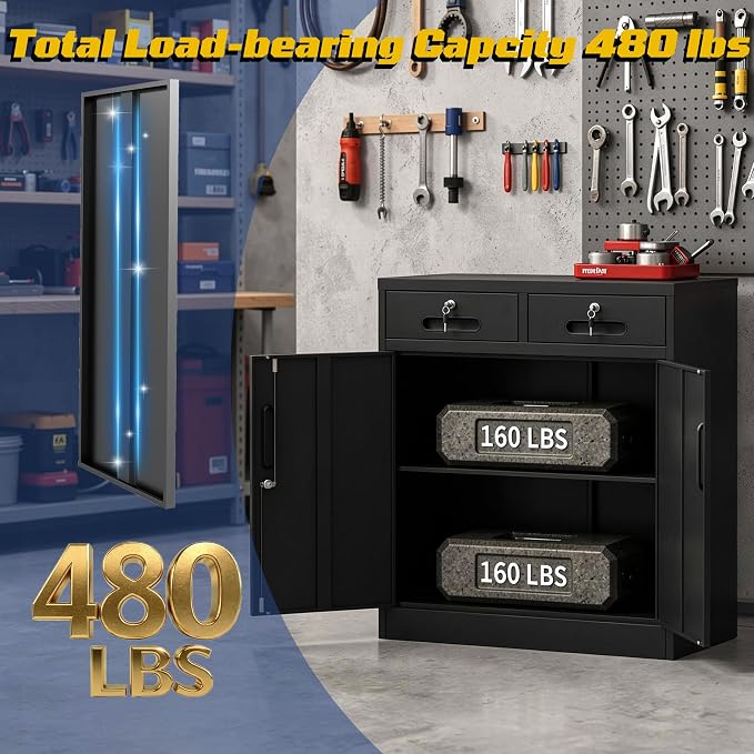 Metal Storage Cabinet with 2 Drawer, 35" Office Storage Cabinets | Garage Storage Cabinet Adjustable Shelves Locking Tool Cabinet Utility Cabinets for Bathroom,Kitchen,Home Office,School,Shop